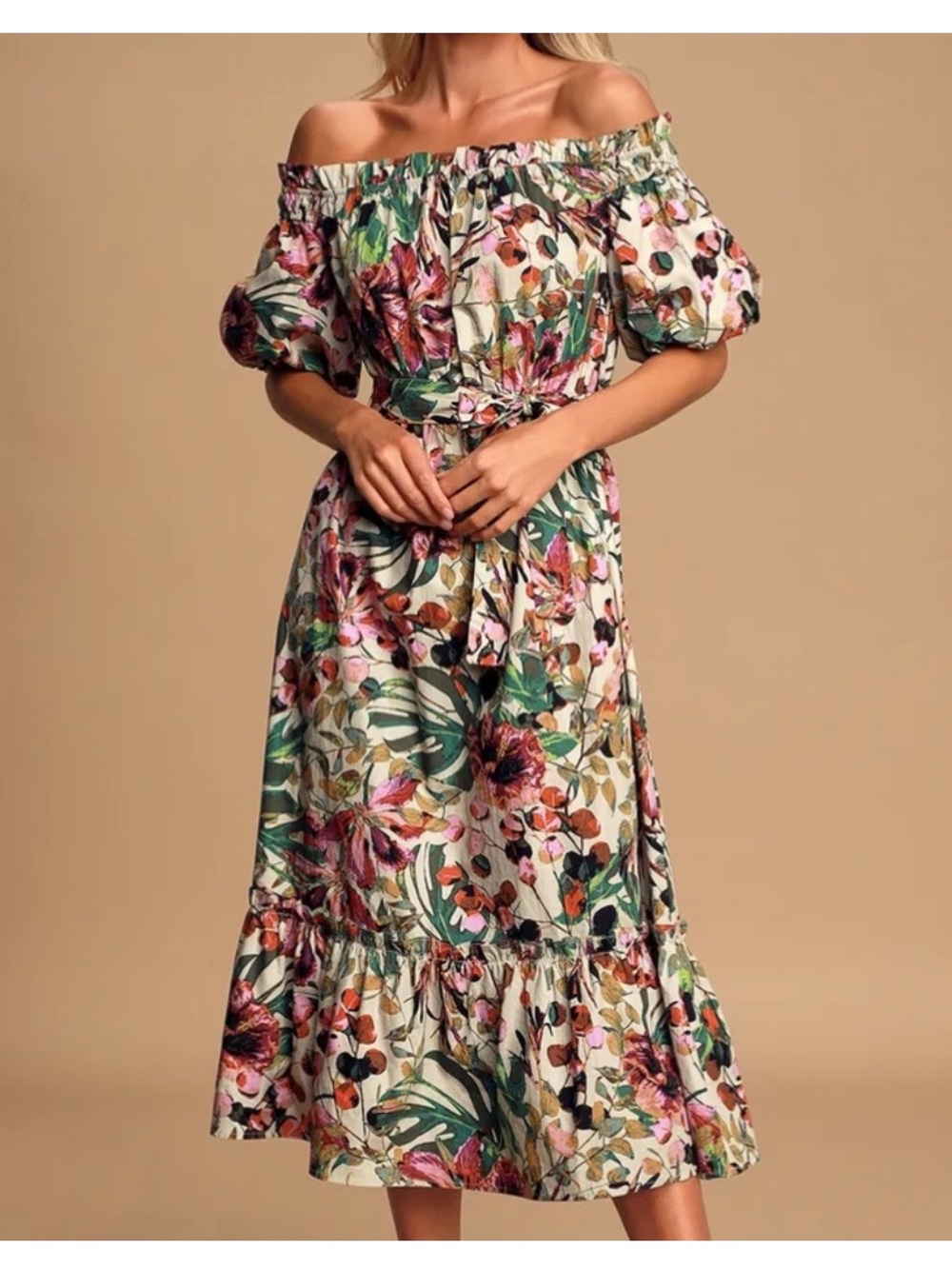 Lulu’s She's the One floral midi dress Floral Puff sleeve Size Small New